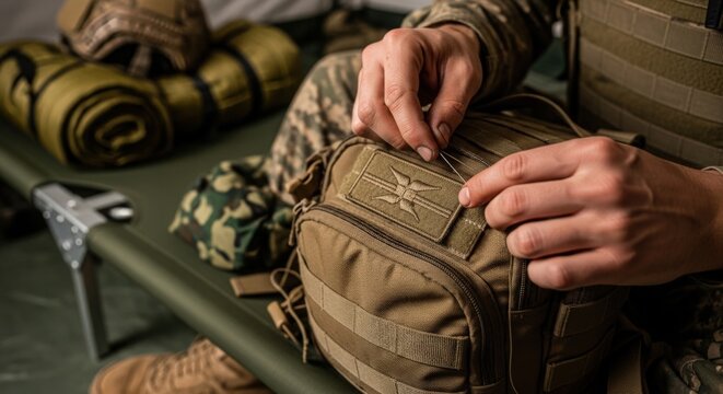 Military preparation with soldier organizing tactical gear and backpacks in camouflage patterns. Military essentials include backpacks, tactical equipment, and outdoor gear.