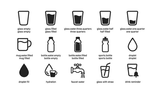 Hydration and water icons displaying glasses bottles and taps