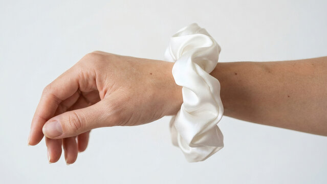 손목에 하얀색 탄력 머리끈을 찬 모습