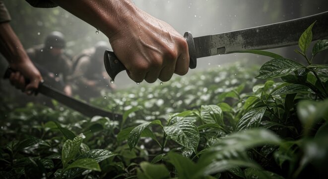 Soldiers cutting through dense foliage with machetes in war zone, illustrating survival and tactical movements. Soldiers navigate thick greenery with purpose,