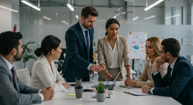 Business people in meeting discussion.