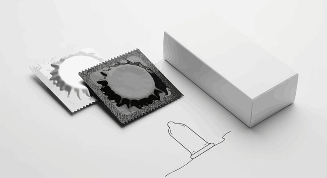 Condom Packaging and Outline Drawing on White Surface