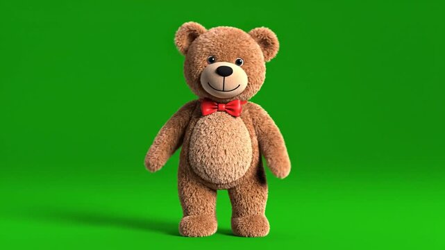 A brown teddy bear with a red bow tie stands on green screen