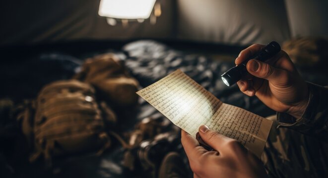 Soldier reading letter with flashlight in military tent at night. Military tent environment includes worn gear and soft lighting that creates a contemplative atmosphere.