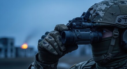 Obraz premium Soldier using night vision goggles for surveillance during military operation in dark environment. Soldier observes surroundings with intense focus and clarity while engaging in tactical strategy.