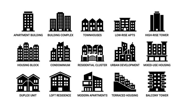 Residential and urban housing icons on white background