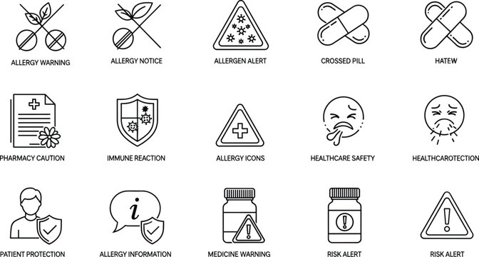 Set of line art icons related to health, medicine, and safety warnings vector illustration