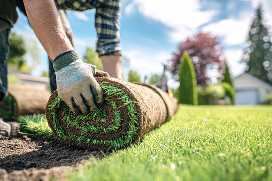 A person is laying fresh sod on a lawn in a sunny, suburban garden, wearing gloves and working on landscaping.