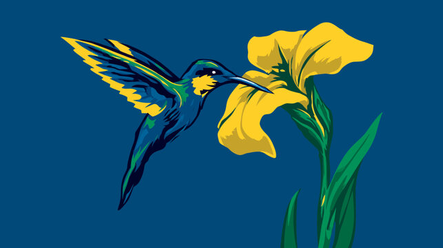 A vibrant, graphic illustration of a hummingbird approaching a yellow iris against a deep blue backdrop