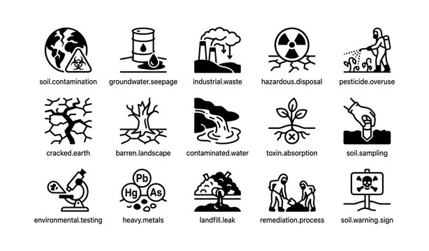 Soil contamination icons depicting pollution sources and hazards