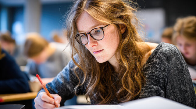 A focused young woman with glasses is writing in a classroom, surrounded by other students.