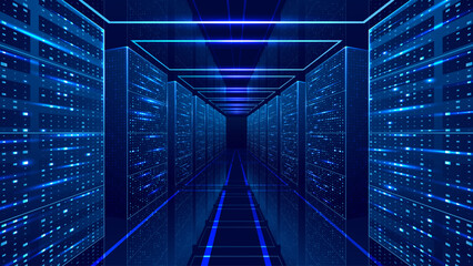 Obraz na płótnie Canvas Data Server Room. Glass Mirror Floor. Modern Data Center. Glowing Server Racks and Flowing Digital Connections. Futuristic Cloud Infrastructure Visualization. Technology Background in Tech Blue Colors