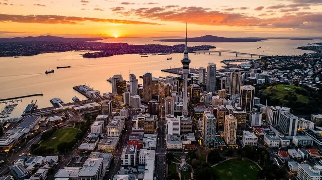 timelapse aerial view of Auckland city at sunset, new zealand