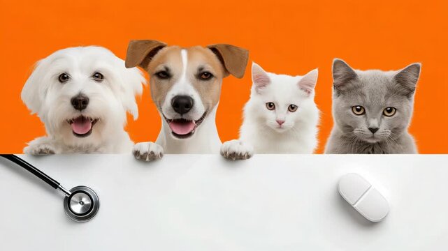 Static shot of pets dog and cat posing on examination table with stethoscope and pill against orange background