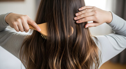 Naklejka premium A woman gently brushes her long, flowing hair with a wooden brush, creating a sense of peace and self-care. It focuses on the tactile experience and the beauty of healthy hair.