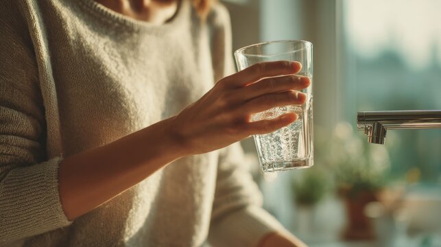 woman filling glass with filtered water at home