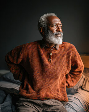 A thoughtful elderly man with a white beard sits on a bed, wearing an orange sweater, gazing out of the window in soft natural light.