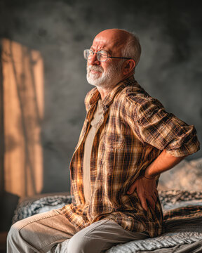 An elderly man sits on a bed holding his lower back, appearing to experience back pain in a warmly lit room.