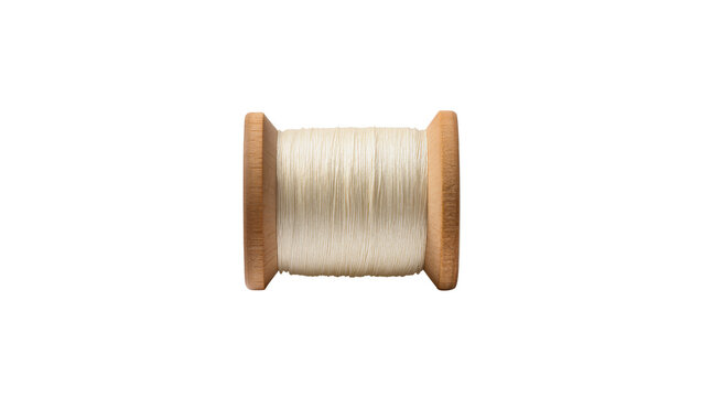Wooden spool with white thread neatly wound around it