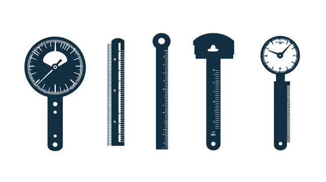 Silhouettes of five technical instruments are shown, including a gauge, rulers, and a measuring tool