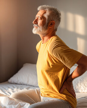 Mature man in a yellow shirt sits on a bed, holding his lower back and wincing in pain under warm morning sunlight.