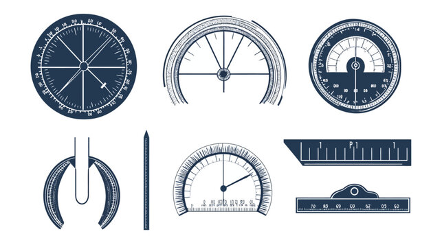 Assortment of instrument illustrations compasses, gauges, scales, pencil, and a specialized tool