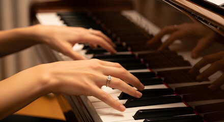Fototapeta premium A close-up captures the grace and skill as a musician's hands dance across the keys, creating a melody of harmonious music.