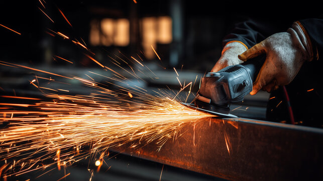 Angle grinder cutting metal with intense flying sparks, realistic industrial fabrication scene with protective gloves, power tool action, steel processing and dramatic workshop ene