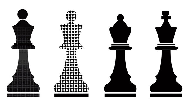 Four black and white chess pieces on a white background. Each is a different pattern