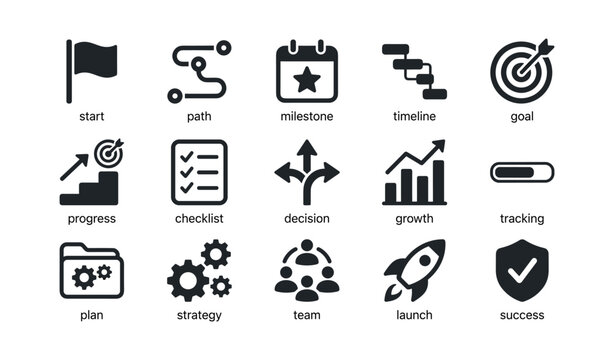 Business process icons arranged in grid on white background