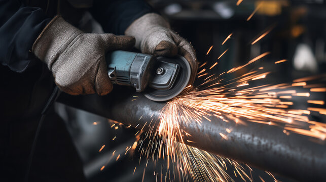 Worker using angle grinder on steel pipe with explosive flying sparks, realistic industrial metal fabrication scene with protective gloves, power tool action and dramatic workshop