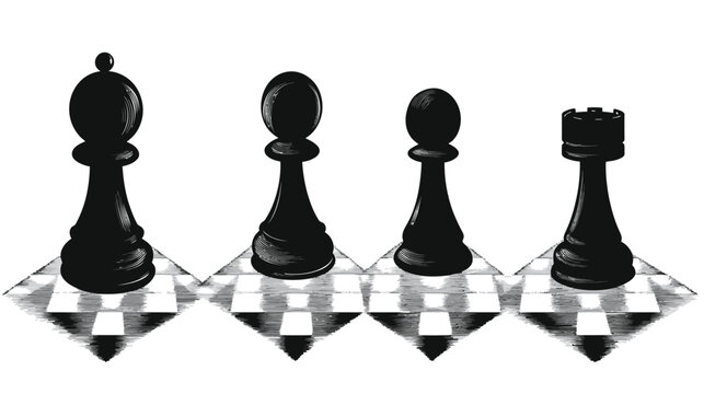 Monochrome depiction of four chess pieces, bishop, pawn, pawn and rook, sitting on checkered board