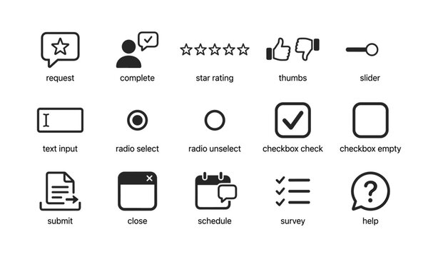 User interface icons for forms and feedback on white background