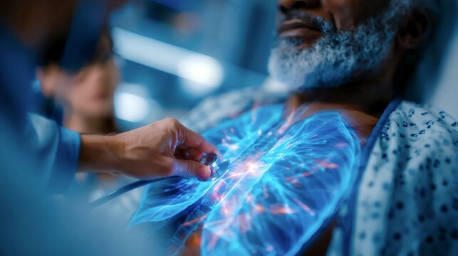 Respiratory diagnostics with pulmonologist and glowing lung overlay in hospital