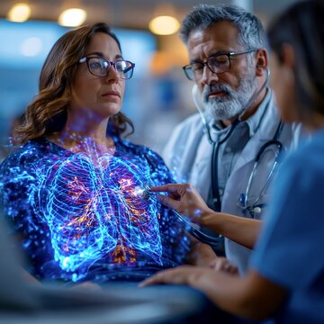 Chest examination with pulmonologist and glowing lung overlay on female patient