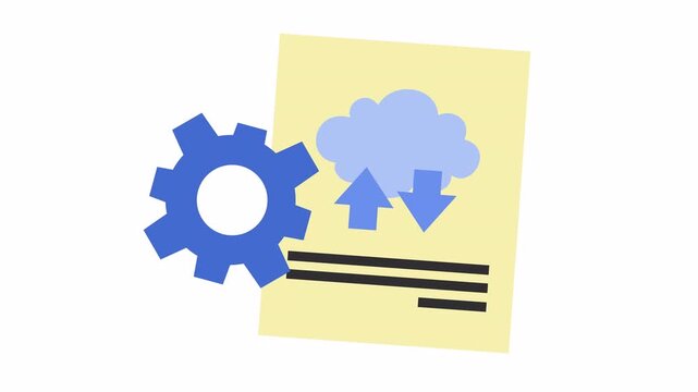 Cloud computing setup with gear and document in a cartoon animation. Flat design data management and cloud configuration in the alpha channel. File management system with cloud upload and download.