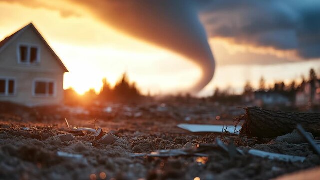 A tornado starts to form near a small house as the sun sets. Dark clouds roll in while the sky shifts colors. Debris lies on the ground as nature displays raw power
