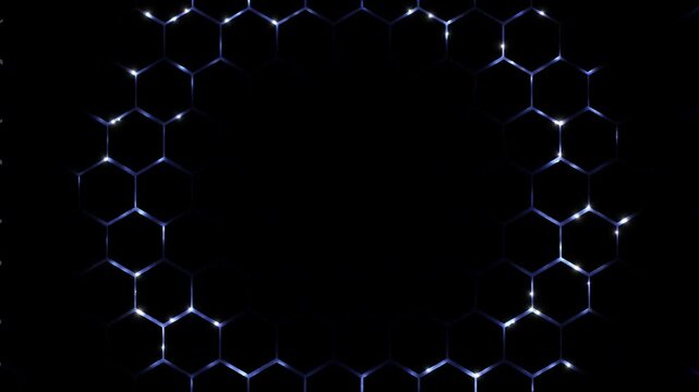 Energetic pulse activating protective cell structure. Glowing blue hexagonal wave expanding on a dark honeycomb grid shield.