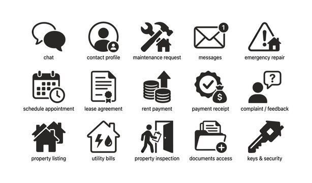 Property management icon set showing maintenance and tenant tools