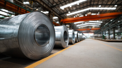 Fototapeta premium Large rolls of steel coils stored in industrial warehouse, metal industry and manufacturing concept, raw material logistics, factory storage, steel production, heavy industry and e
