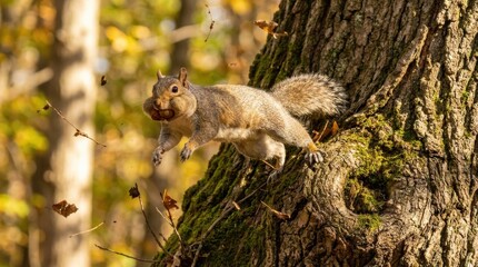 Obraz premium Squirrel Leaping From Tree with Nuts in Autumn Forest