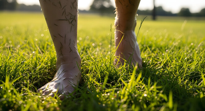 Bare feet in a vibrant green field, an ode to earth, body and soul. The droplets of water glisten on the skin, as person strides over grass, an image of life itself.