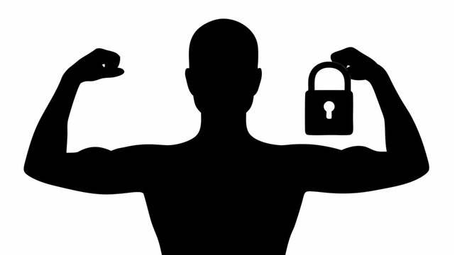 Silhouette of muscular man flexing with padlock