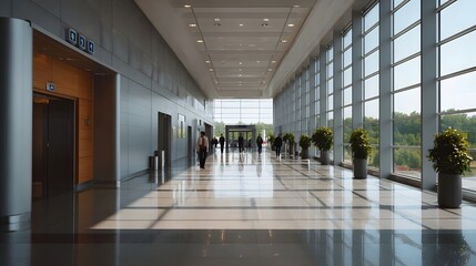 Naklejka premium A wide bright modern terminal hall featuring polished floors large and natural light