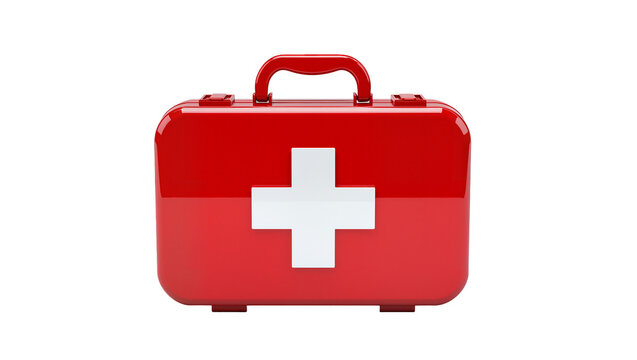 Red First Aid Kit with White Cross Symbol and Black Handle