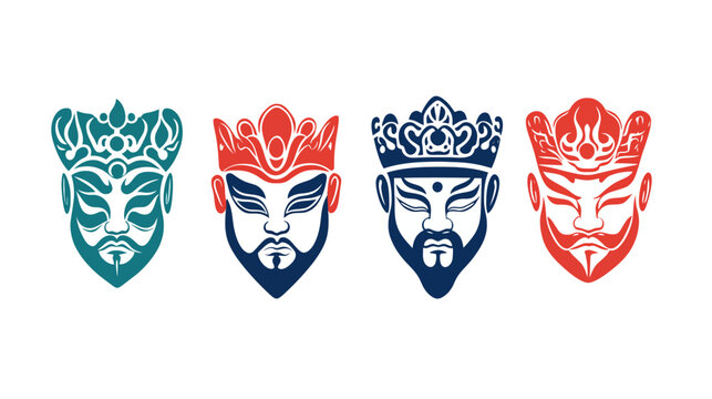 Four stylized Asian opera mask illustrations in teal, red, and blue, presented on white background