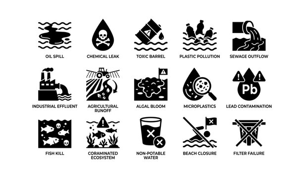 Water pollution hazard icons displayed in black symbols on white