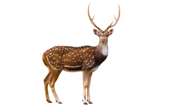 Spotted Axis Deer Standing with Antlers Against Plain Surface
