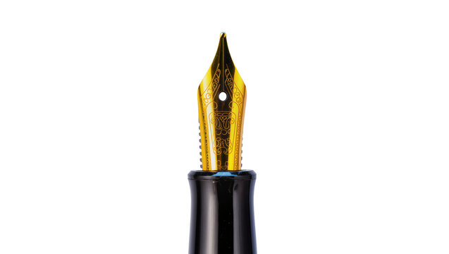 Gleaming gold fountain pen nib with black barrel detail