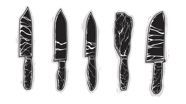 Black and white illustration of various kitchen knives with textured blades and handles